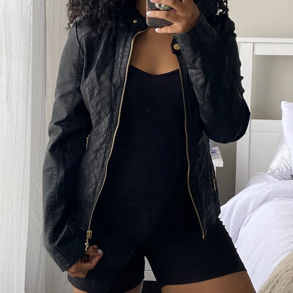 Faux Leather Black Jacket with Gold Detailing